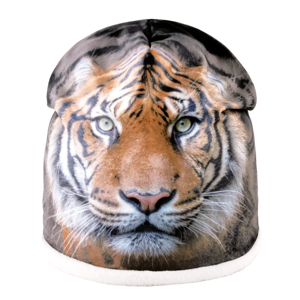 

Tiger Printing Beanie Skully Hat 2019 Winter Warm Velvet Head Animal Cap Personality Men And Women Casual Knit Hat Factory Sale