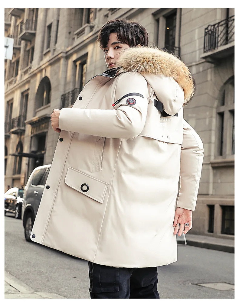 Стиль, зимняя куртка на белом утином пуху, Молодежная мужская куртка средней длины, толстая однотонная повседневная мужская одежда - Цвет: Хаки