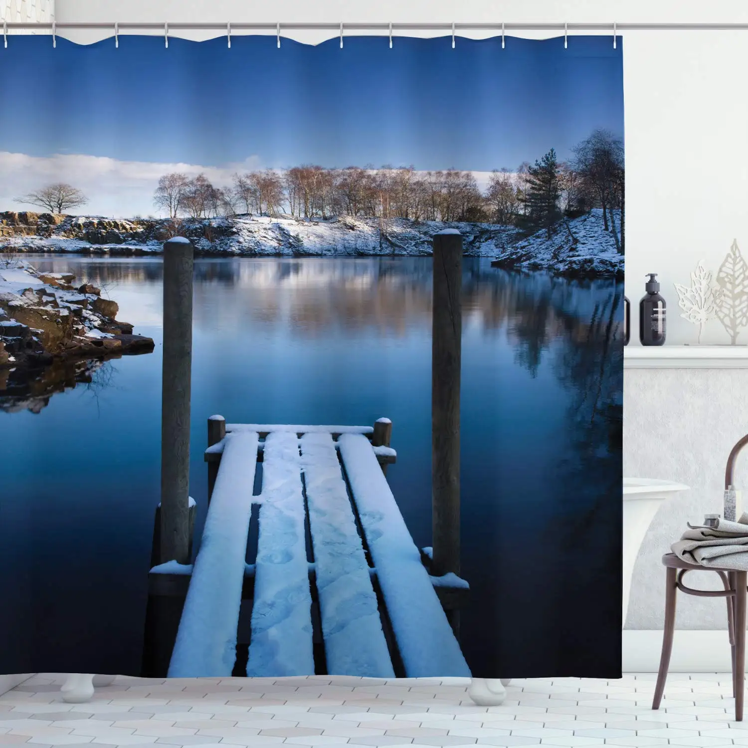 

Landscape Shower Curtain, Photo of Wooden Deck on The Shore of a Small Lake in Frozen Winter Sweden, Cloth Fabric Bathroom Decor