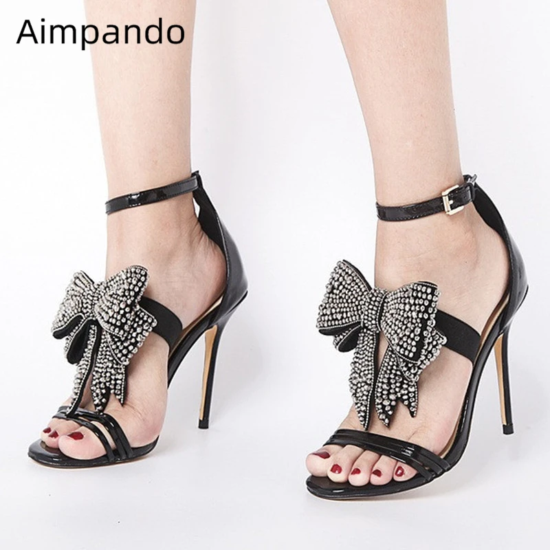

Big Butterfly-knot Flower Gladiator Sandals Women Narrow Band Elastic Band Rhinestone Thin High Heel Sandalias Mujer