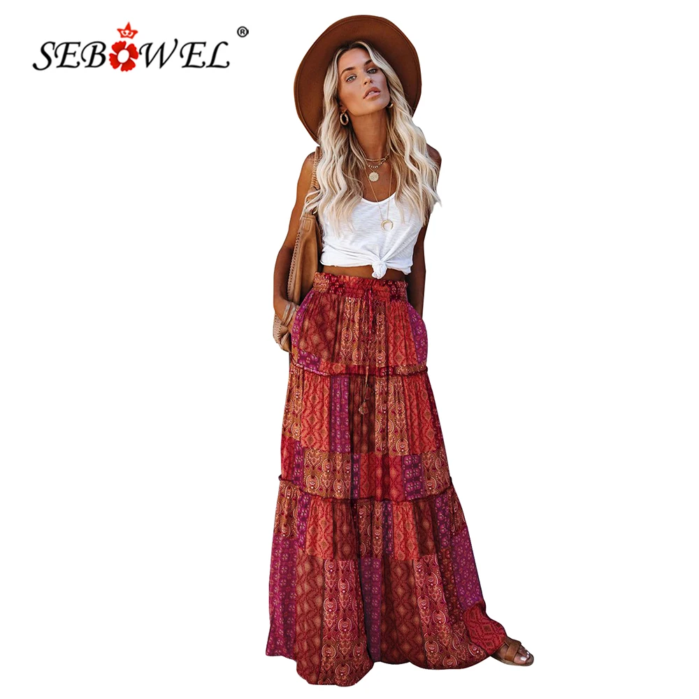 Женская Повседневная юбка макси SEBOWEL в несколько рядов с принтом пейсли