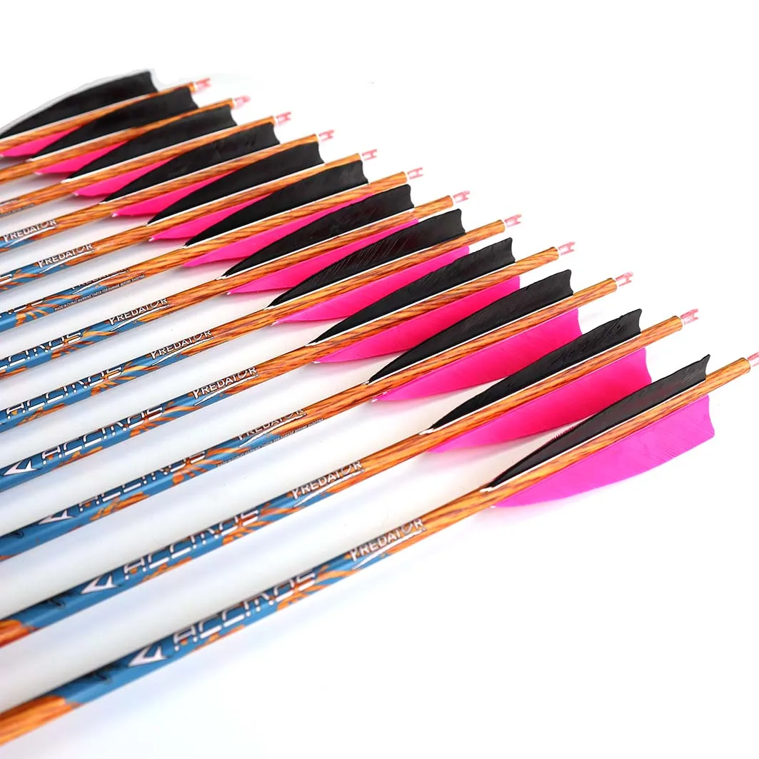 

12pc 33 inch Wood Skin Carbon Arrows Spine 350 400 500 600 700 With 5" Real Feather for Longbow Recurve Bow Hunting Pink Black