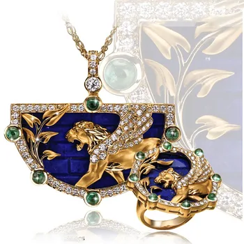 

Berbeny Rock Animal Lion Rings Necklaces For Men Women Semicircle Painting Mythical Leopard Necklace Set Ring Jewelry Sets