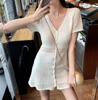 

Very Fairy French dress female 2019 waist sexy temperament V-neck knitted dress