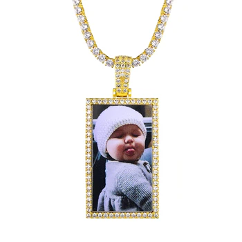 

US7 Iced Out Bling CZ Rectangle Custom Memory Photo Medallion Pendant with Rope Chain For Men Hip Hop Necklace Jewelry Gift