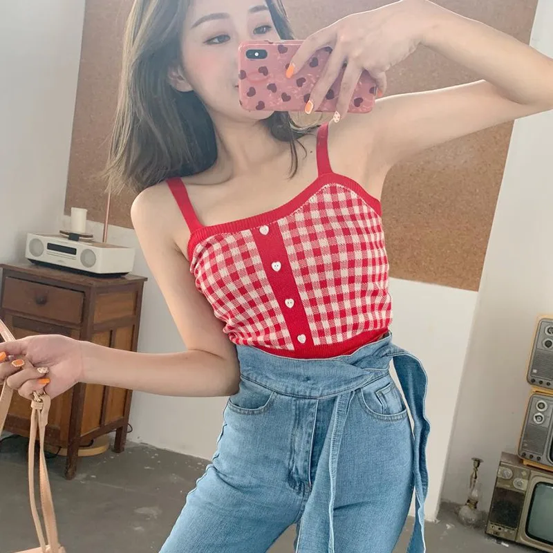 4 Color Retro Sweet Plaid Pattern Knit Camisole Sexy Slim Women's Bottoming Crop Top Knitted Black/Green/Blue/Red 4 Color Camis