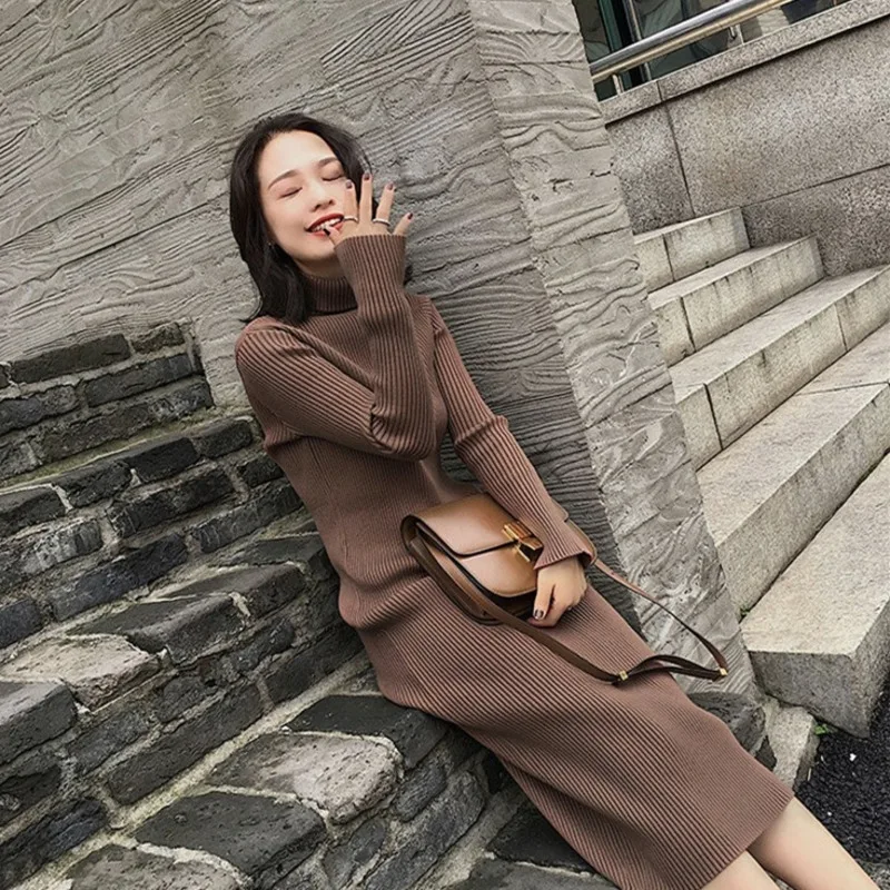 

2019 Autumn Winter Thicken Women Sweater Dress Turtleneck Full Sleeve Knitted Pullovers Vestidos Female Midi Knitted Dress