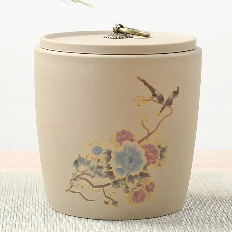 Покрытая чайная коробка необожженная глина oolong чайная банка коробка для хранения конфет специи банки для кухни зеленое хранение чая грудь офисная чайная посуда - Цвет: shuangniaoqiming