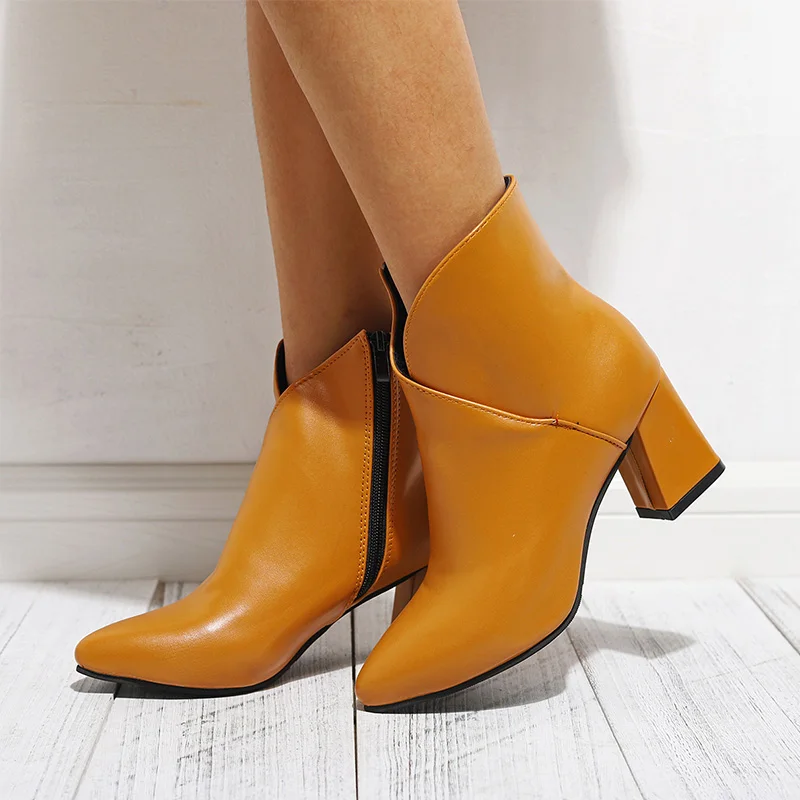 

MCCKLE Autumn Shoes Women Ankle Boots Zipper Pointed Toe Leather Ladies Botas Chunky High Heels Female Shoes Classic 2019 New