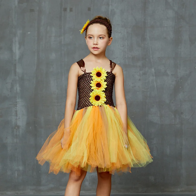 Fairy Sunflower Tutu Dress with Crochet Headband Flower Girl Birthday Party Pageant Costume Kids Autumn Princess Dresses (3)