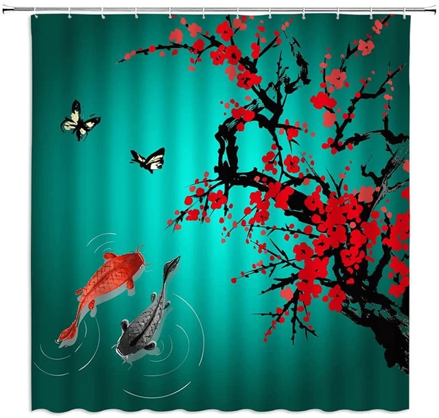 Red Cherry Flower Koi Fish Shower Curtain Asian Oriental Ink Painting  Landscape Abstract Art Bathroom Curtain Set with Hooks - AliExpress