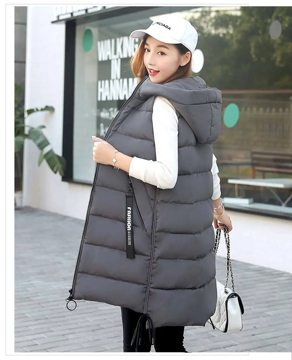Flat bottom black autumn winter vest women's vest women's vest sleeveless vest with warm Hat vest gilet femme women jacket