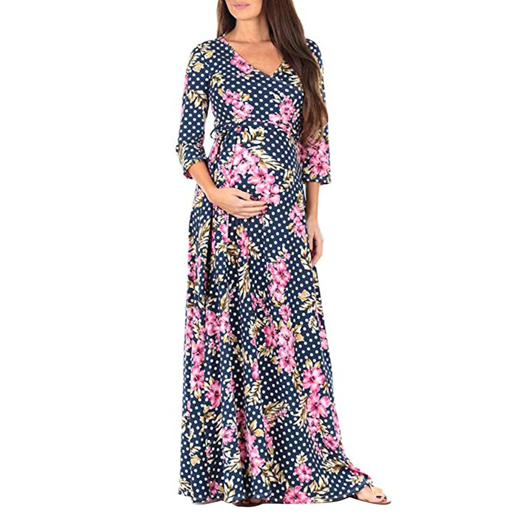 

2019 new autumn Maternity Dresses Nursing Pregnancy Dress Floral Printing V neck full sleeve Maternity Long Dress femme robe