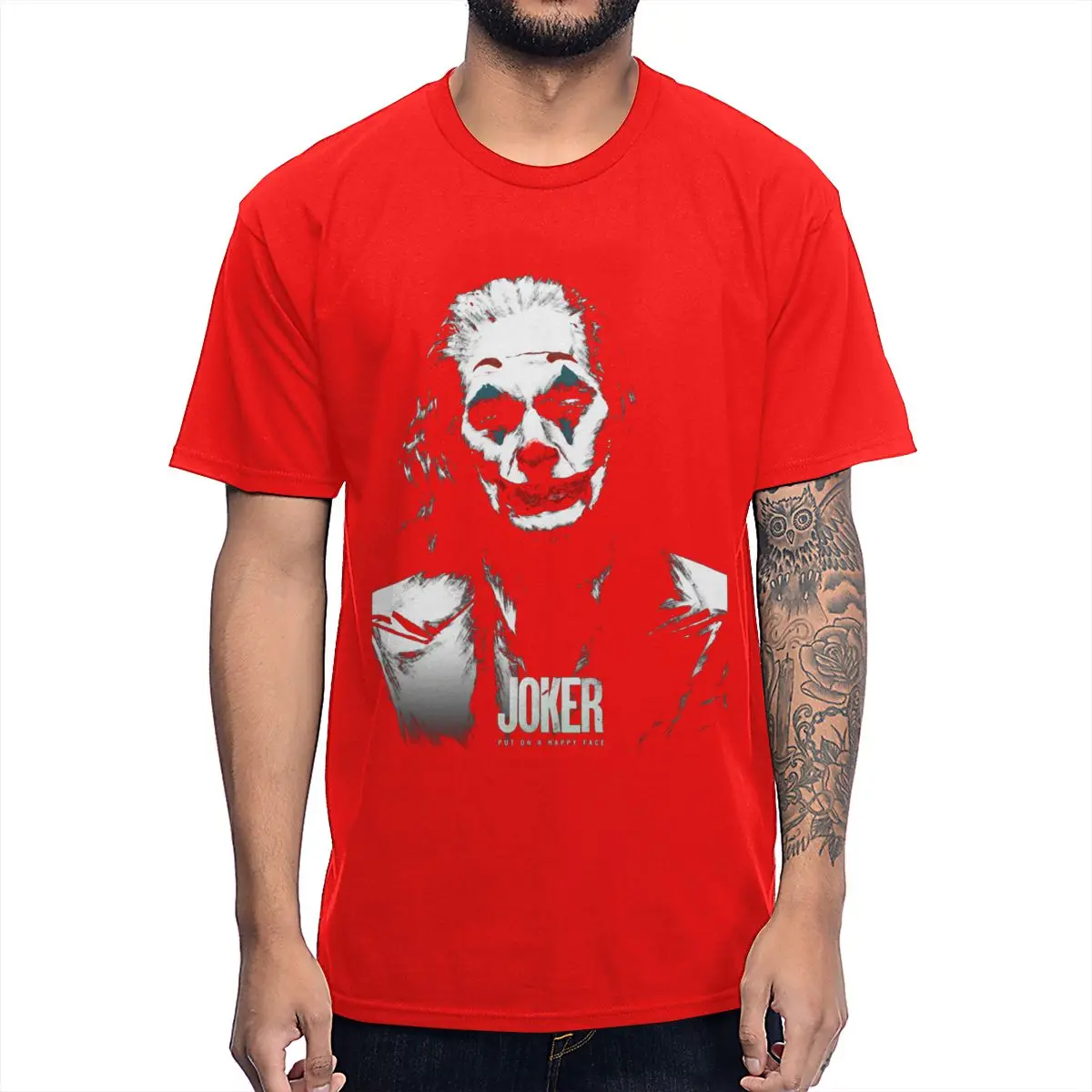 Новинка, футболка с изображением Джокера Хоакина Феникса, популярная футболка в стиле рок-ролла, здоровая хлопковая Футболка с круглым воротником - Цвет: Красный