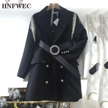 

2020 Autumn New Rhinestone Tassel Shoulders Double-breasted Suit Jacket Dress Slim Mid-length Suit F625