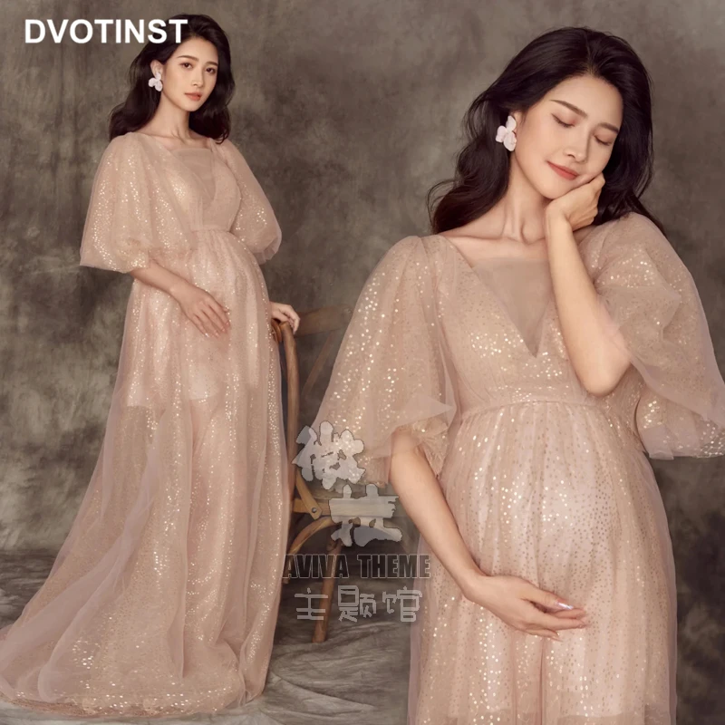 Dvotinst Women Photography Props Perspective Blingbling Maternity Dresses Full Sleeves Pregnancy Dress Studio Shoot Photo Props