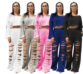 

Autumn Hole Hollow Out Women Long Sleeve Tops Straight Pants Suit Active Wear Tracksuit Two Piece Set Fitness Outfits