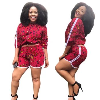 

2019 new half sleeve women set red print zipper coat and shorts 2 piece outfits tracksuits