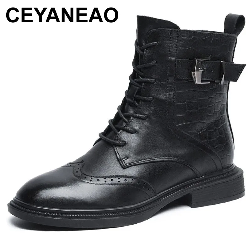 

CEYANEAO Fashion Women Boots 2021Autumn Luxury Genuine Cow Leather Belt Buckle Brogue Trend Low Heel Mid Calf Boots Female Black