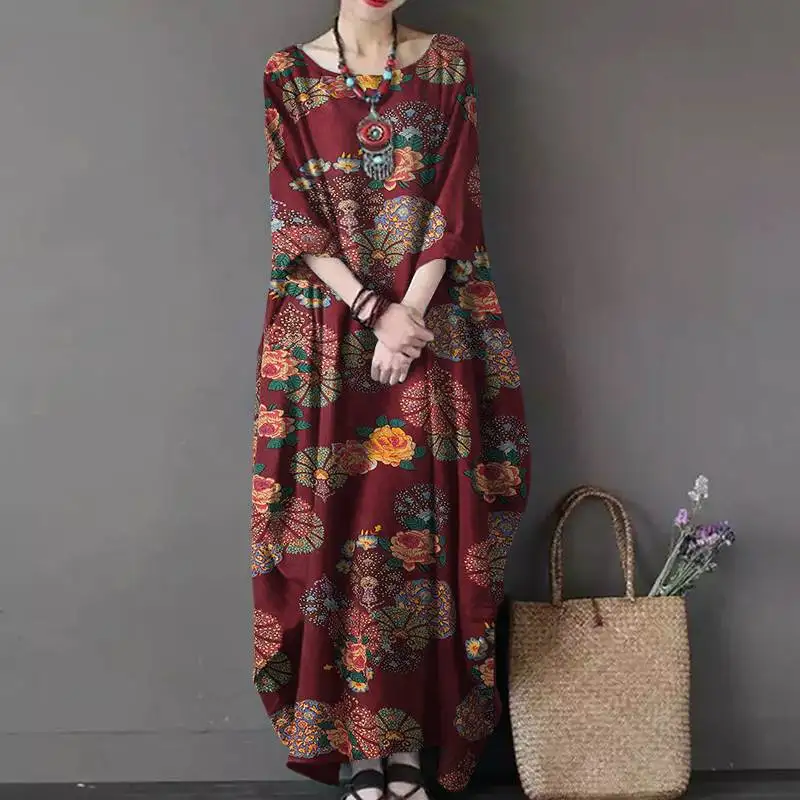 ZANZEA Vintage Printed Maxi Long Dress Women Sundress Casual Long Sleeve Kaftan Dresses Female Baggy Floral Vestidos Plus Size 7