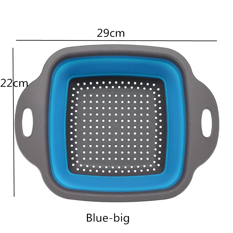 Складная силиконовая квадратная корзина для слива фруктов Чистка овощей - Цвет: Blue-big