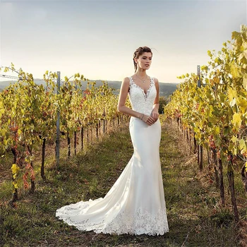 

V-Neck Mermaid Lace Appliques Wedding Dresses Slim Bridal Gowns 2020 Sleeveless Custom See Through Back Formal Vestidos
