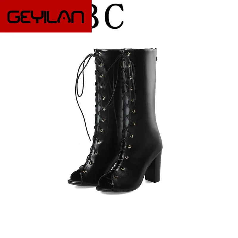 

High quality! Woman summer knee-high cool boots Ladies black open toe cross-tied chunky high heel long boots Rome shoes 33-48
