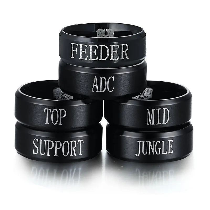 

Game Anime Peripheral Ring for Men and Women Black Stainless Steel LOL Ring Team Ring,Top Jungle Adc Mid Support Engraved