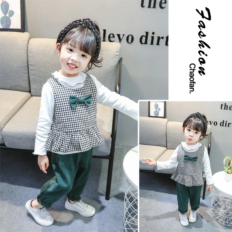 Girls Autumn Set Bow Plaid 3pcs Set Baby Girls Plaid Suit 10.11