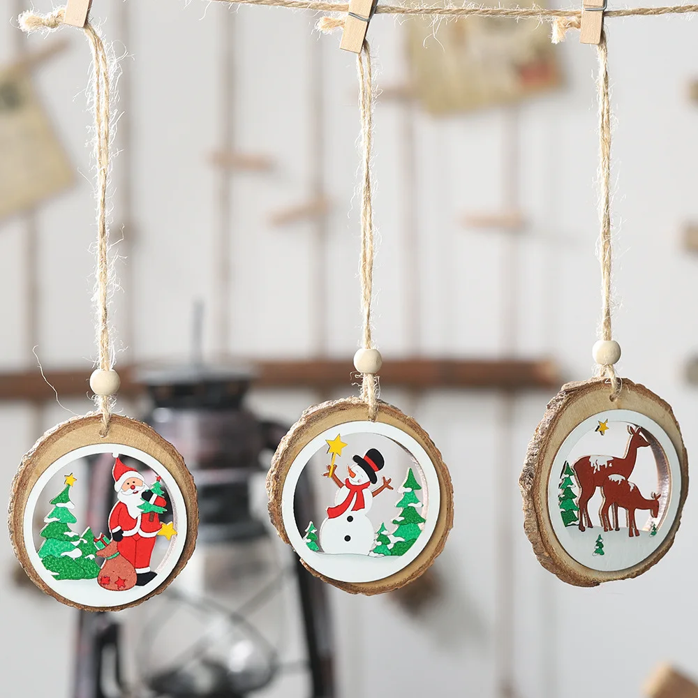 

crude wood hollow santa snowman elk round christmas tree hanging ornaments happy new year party favors Xmas home decor navidad