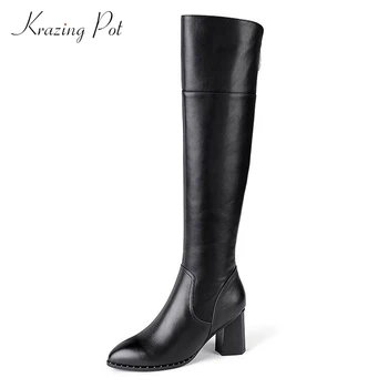 

krazing pot hot saling cow leather high heels round toe big size women zipper keep warm solid office lady thigh high boots L17