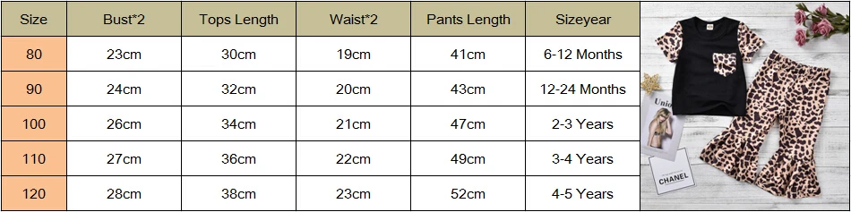 Одежда для маленьких девочек Детская леопардовая Одежда для девочек Футболка Топ Брюки-клеш комплект одежды из 2 предметов для детей, От 6 месяцев до 5 лет