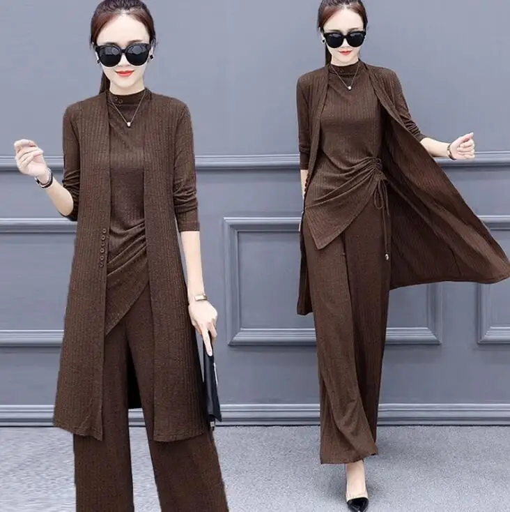 Knitted 3 Pieces Set Women Tracksuit Long Sleeve Cardigan Pullover Tops  Wide Leg Pants Suit Women's Sets Brown Office Elegant