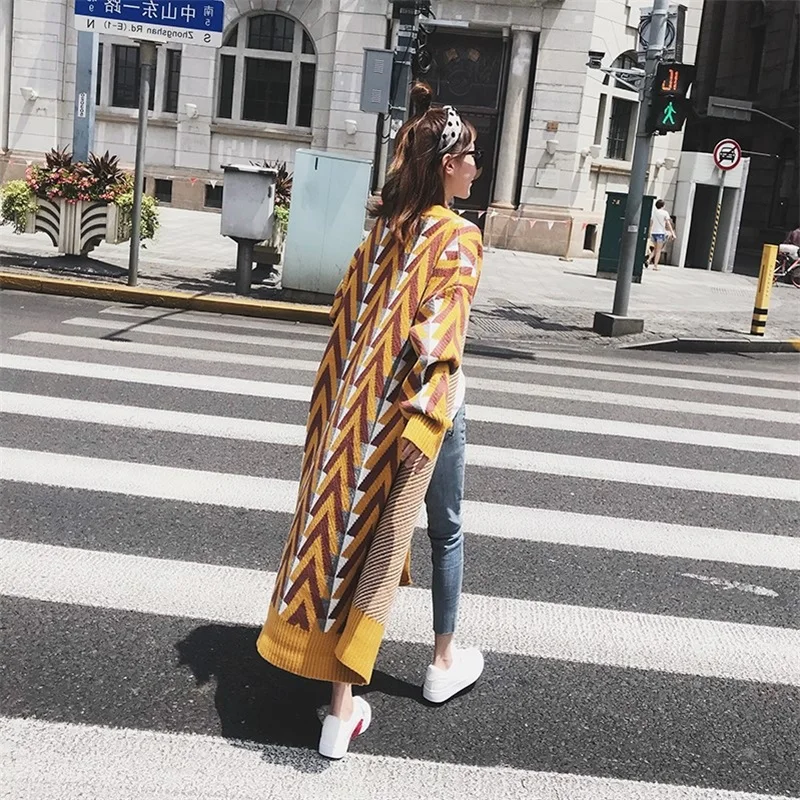 New Autumn Winter Casual Striped Knitting Trench Coat Women Street Style Open Stitch Jackt Classic Long Female Windbreaker