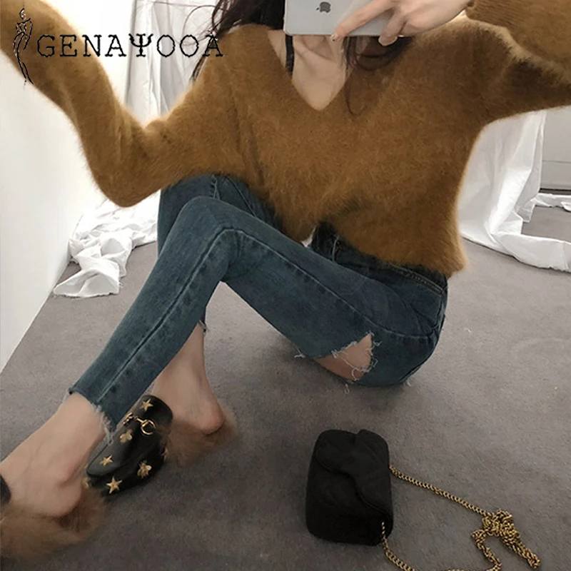 Genayooa сексуальные джинсы женские уличная корейский стиль женские обтягивающие рваные джинсы для женщин винтажные джинсовые узкие брюки