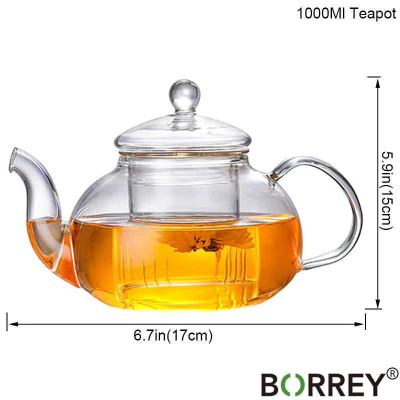 1000Ml Teapot BORREY термостойкий стеклянный чайник с двойными стенками Стеклянная чайная чашка прозрачный чайник для заваривания чая Infuser Qolong чайный чайник с разными вкусами - Цвет: 1000Ml Teapot