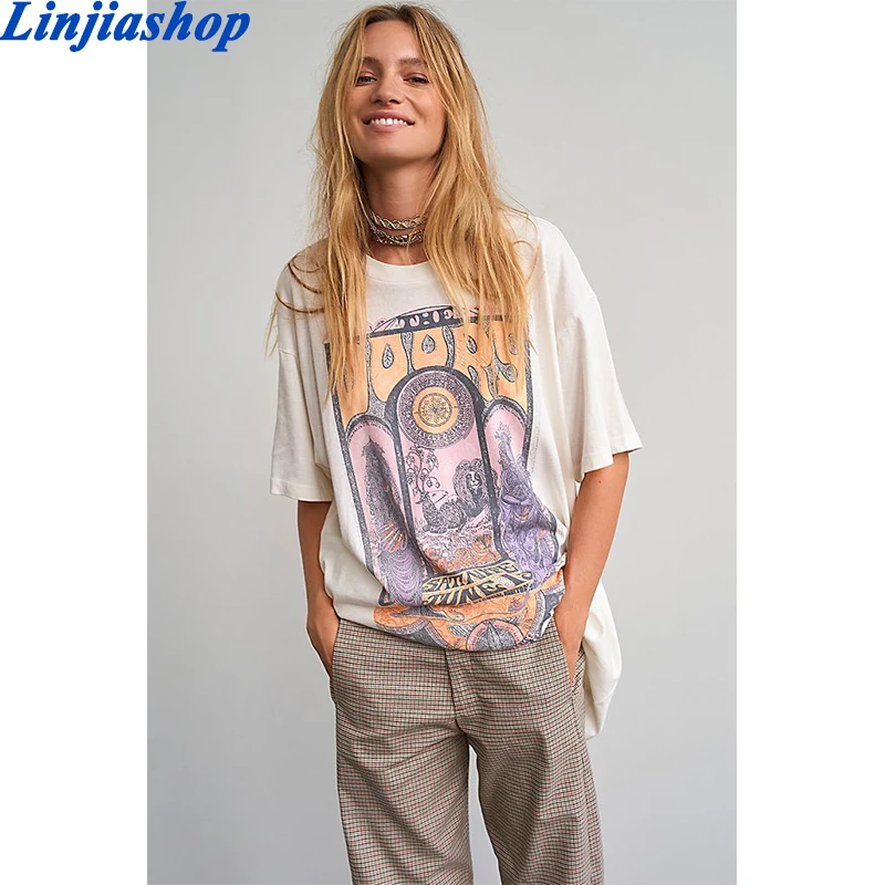 Футболка Linjiashop Женская длинная в стиле оверсайз хлопковый топ с коротким рукавом