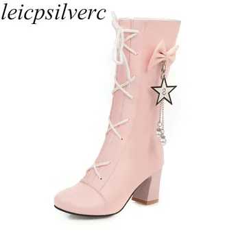 

Women Boots High Heel Round Toe Zip Pu Winter New European Style Mid-Calf Martin Boots Butterfly-knot Pearl 2019 Sexy White Pink