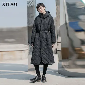 

XITAO Simple Plaid Black Thick Parka Women Clothes 2019 Fashion Loose Casual Bandage Hooded Collar Full Sleeve Long Parka XJ2726