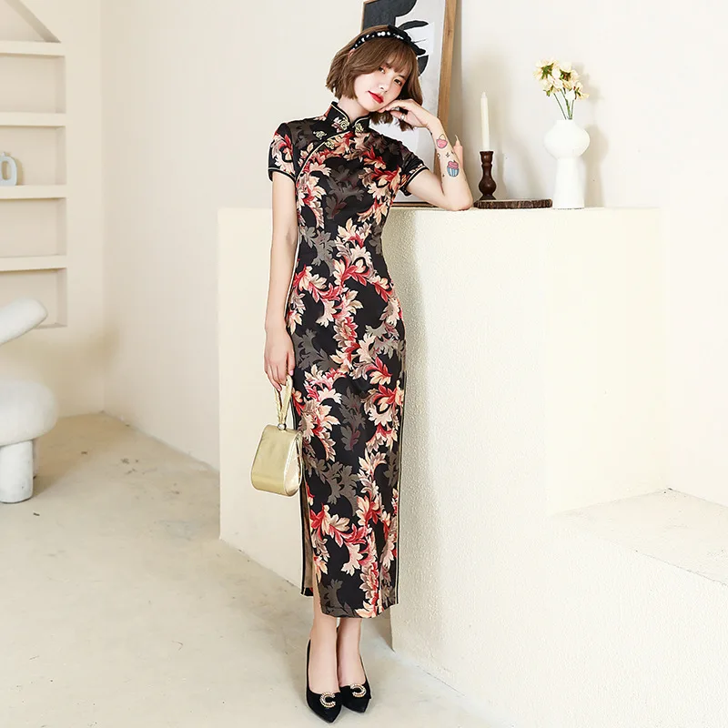 Long Cheongsam Slim Slik Vintage Long Dress Chinese Traditional Costumes Summer Dresses 4XL 8 Colors