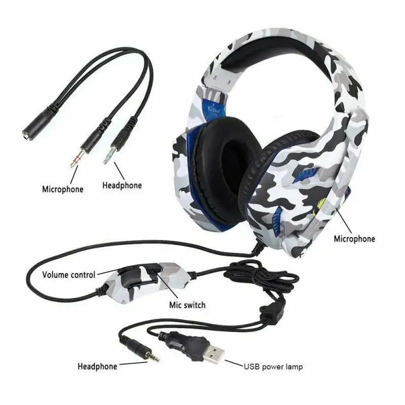 Camouflage Gaming Headsets Big Headphones with Light Mic Stereo Earphones Deep Bass for PC Computer Gamer Laptop PS4 New X BOX