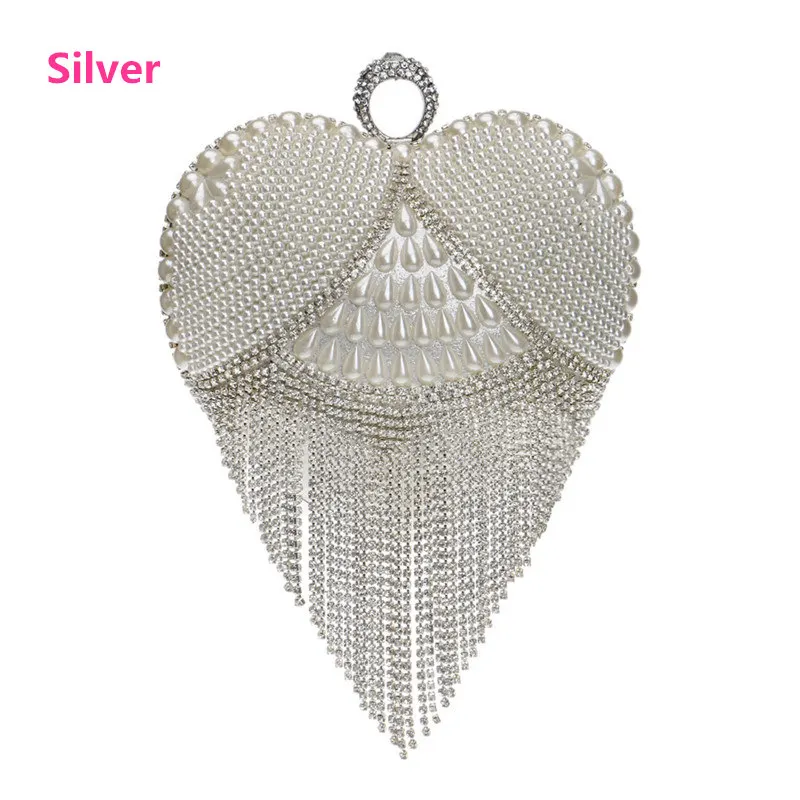 Sexy Lady Heart Tassel Rhinestones Women Evening Bags Pearl Handle Finger Ring Diamonds Small Clutches Party Nightclub Purse