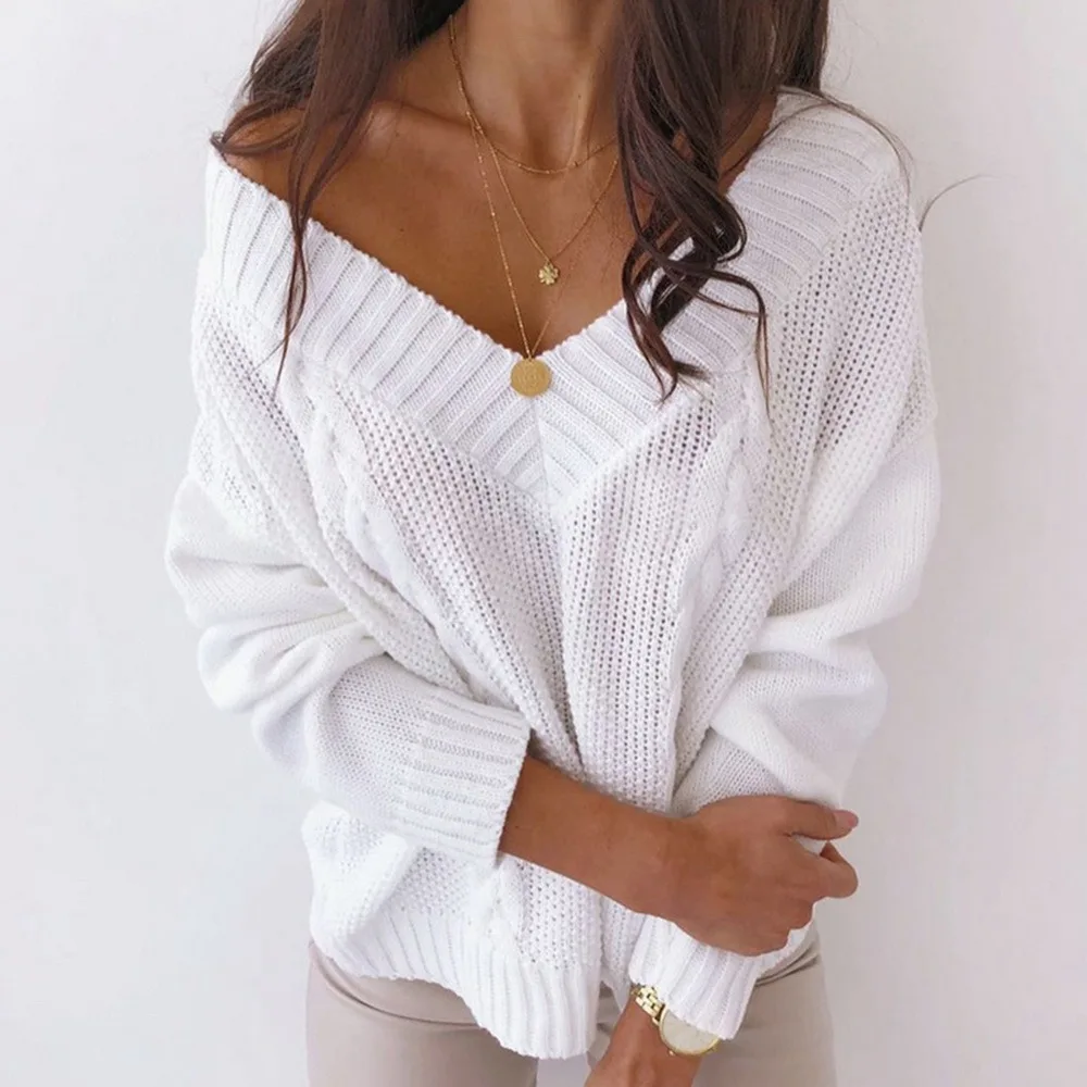 

2020 Autumn and Winter New Sexy Deep V-neck Sweater Off-shoulder Knitted Sweater Women's Pullover Sweaters Ladies Pullovers