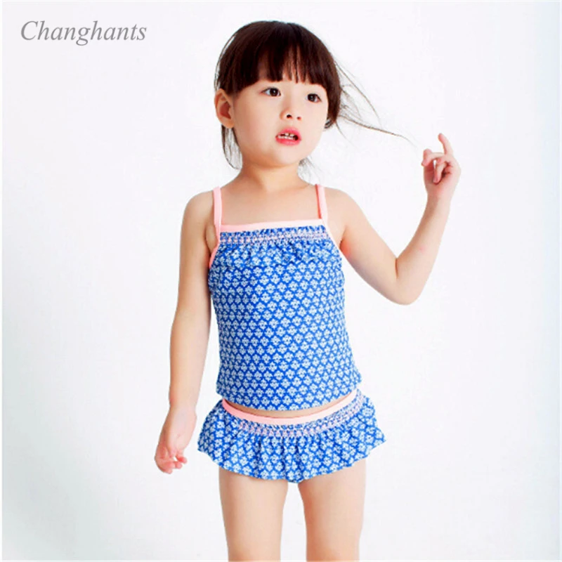 Купальный костюм из 2 предметов для девочек, Синий геометрический цветочный узор, купальный костюм для детей от 2 до 6 лет, Летний Пляжный детский купальный костюм для пляжа
