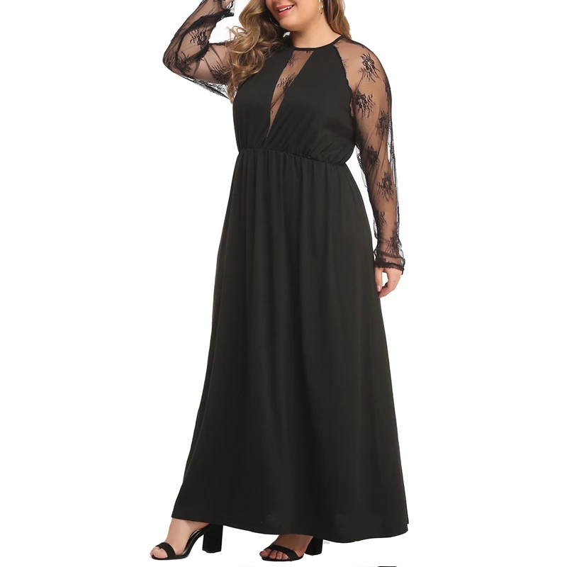 MISSJOY XL-5XL осеннее женское платье повседневное с длинными рукавами сексуальные сетчатые с выемкой лоскутное кружево черный женский халат вечерние элегантные Плать