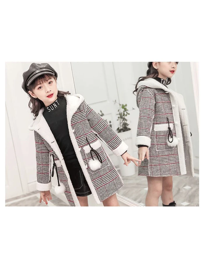 Girls winter plus velvet thickened long tartan coat in the big boy foreign fashion hooded woolen coat jacket