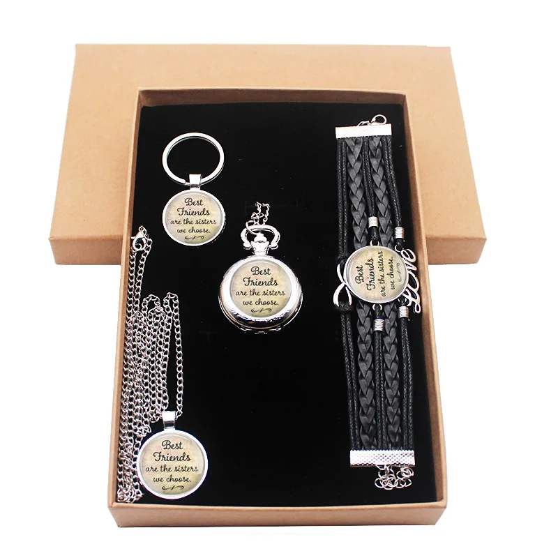 Classic Best Friends Silver Jewelry Gift Set Have Pocket Watch And Pendant Necklace And Key chain Bracelet With Gift Box