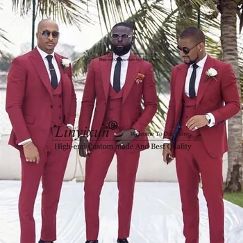 

Dark Red Slim Fit Groomsmen Tuxedos Business Party Prom Men Suits Bridegroom Suits For Wedding Spring 2020 Jacket Pants Vest