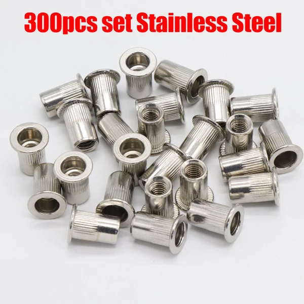 300 Stainless Steel 300 шт M3-M12 Заклепки Набор гаек плоская головка Резьбовая вставная закладная гайка колпачок гайка для заклепок пистолет клепки инструмент для заклепок - Цвет: 300 Stainless Steel