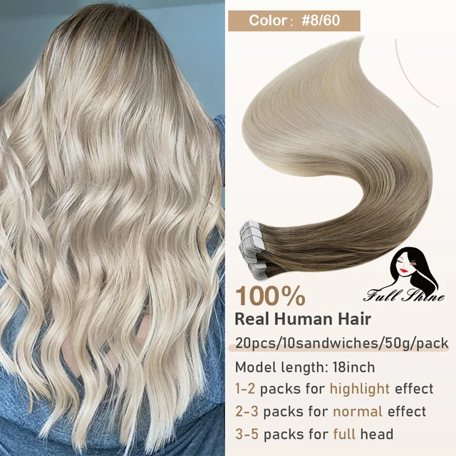 Full Shine Tape In Human Hair Extensions Blonde 100% Real Remy Human Hair Skin Weft Adhesive Glue On For Salon High Quality 8 60
